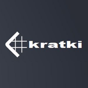 Un logotipo blanco sobre un fondo azul oscuro que dice kratki