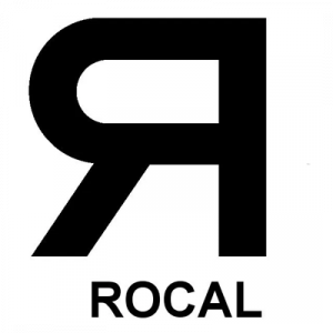 Un logotipo en blanco y negro para Rocal sobre un fondo blanco.
