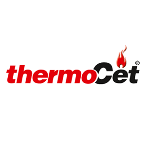 Un logotipo de Thermocet rojo y negro sobre un fondo blanco.