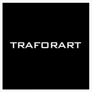 Un logotipo en blanco y negro para una empresa llamada trafoart.