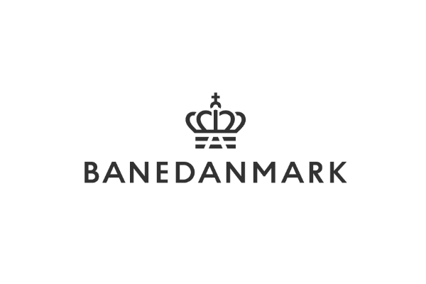 Logo for Banedanmark, featuring a crown above text.