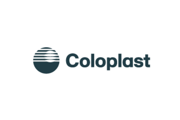Coloplast logo with a dark teal sphere with horizontal lines and the word 