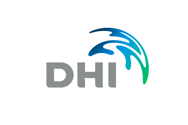 DHI logo with gray letters and a stylized blue and green water splash graphic.