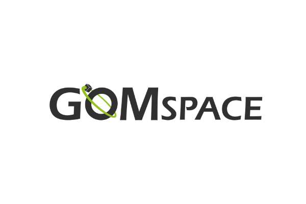 GOMSpace logo, dark gray text with green orbital design around the letter 