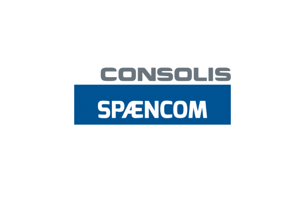 Logo for Consolis Spæncom, featuring the company name in gray above a blue rectangle with 