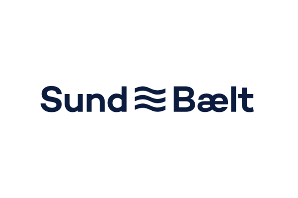 Sund & Bælt logo: dark blue text with three wave symbols between 