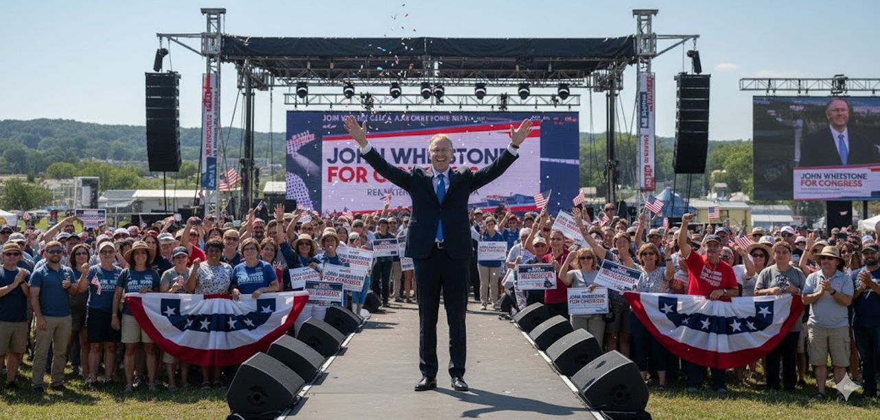 Man with arms raised on stage, confetti falling, crowd behind. Political rally setting.