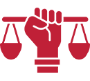 Red fist holding scales of justice.