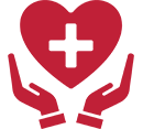 Red heart with white cross held by two hands, for health care.