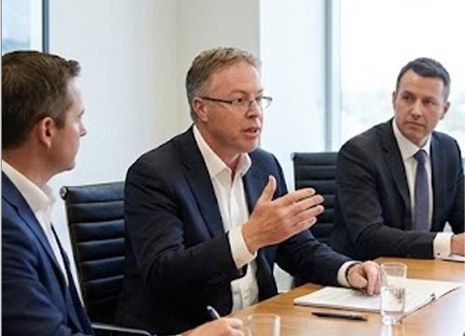 Three men in suits at a table in an office, one gesturing while speaking.