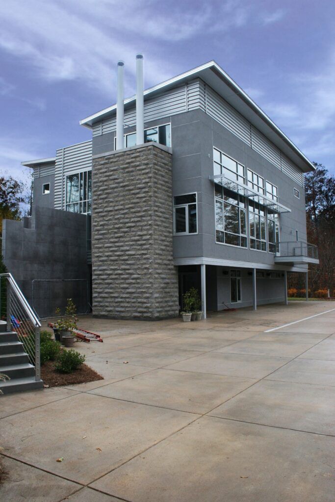 A large building with a lot of windows and stairs