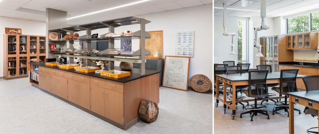 A picture of a kitchen and a picture of a classroom.