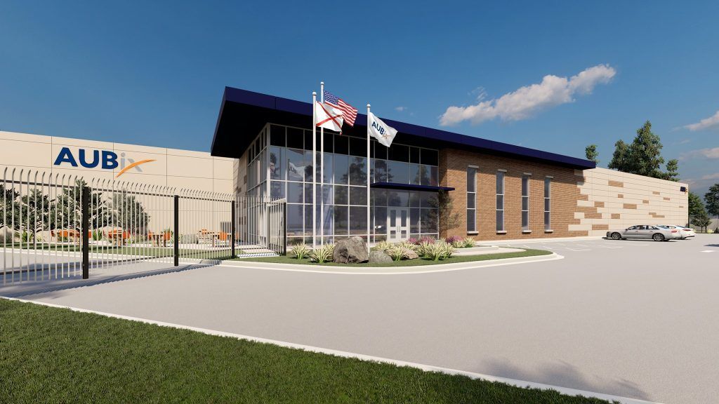 An artist 's impression of a large building with flags flying in front of it.