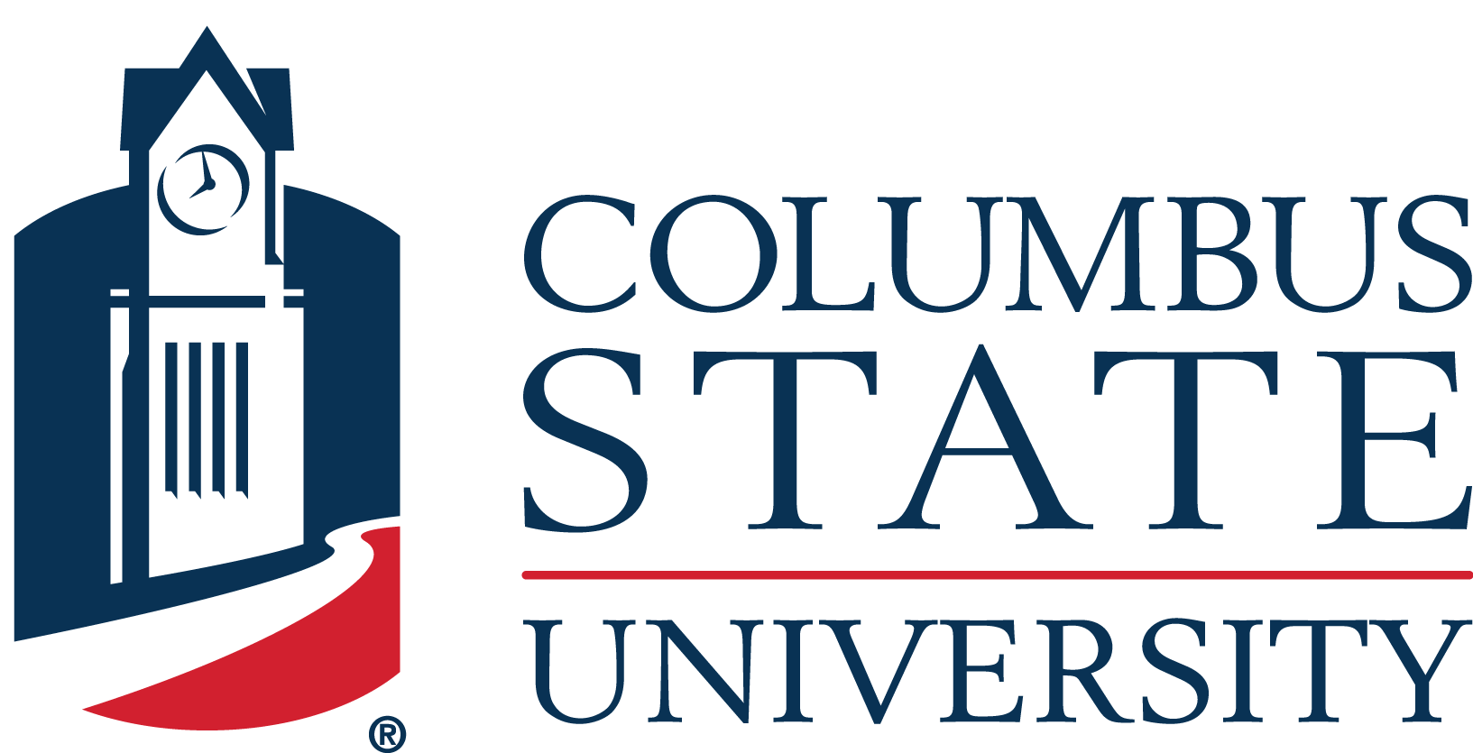 The columbus state university logo has a clock tower on it.