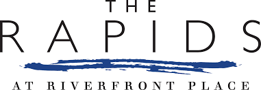 A logo for the rapids at riverfront place with a blue brush stroke.