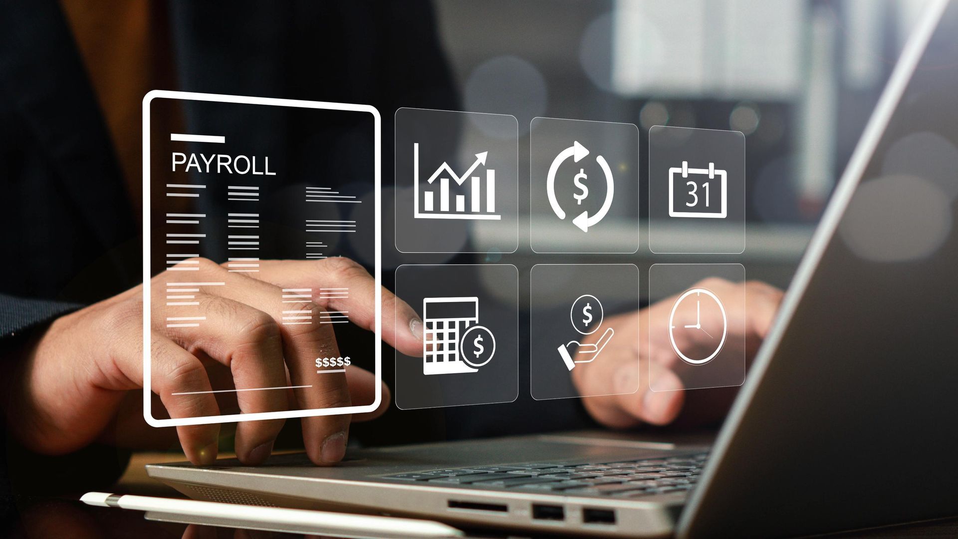 Hands typing on a laptop with payroll and finance icons overlaid on the screen