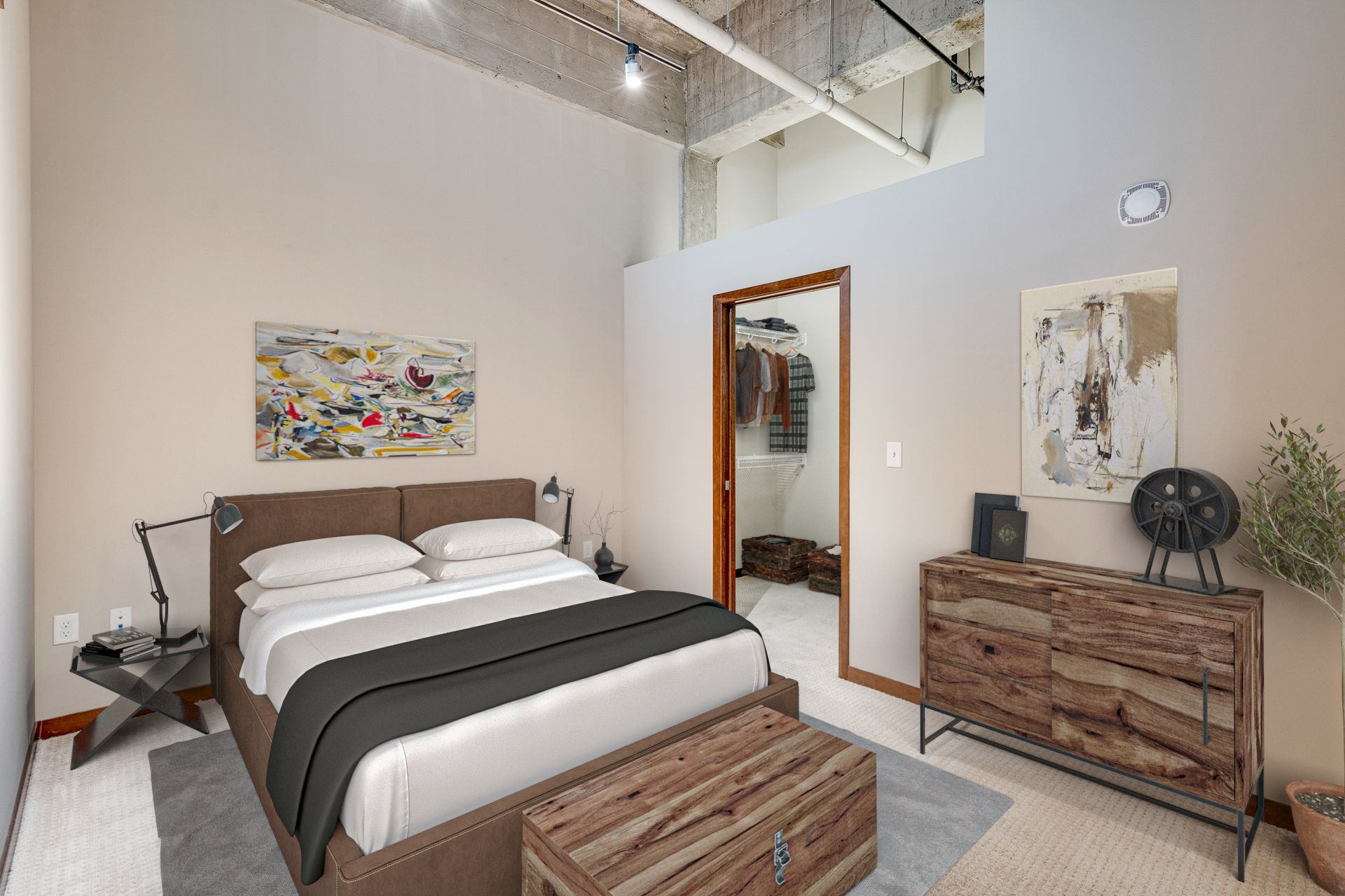 An artist 's impression of a bedroom with a large bed and a walk in closet.