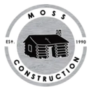 Circular logo for Moss Construction, featuring a log cabin icon over a wood-grain background, established in 1990.