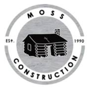 Circular logo for Moss Construction, featuring a log cabin icon over a wood-grain background, established in 1990.