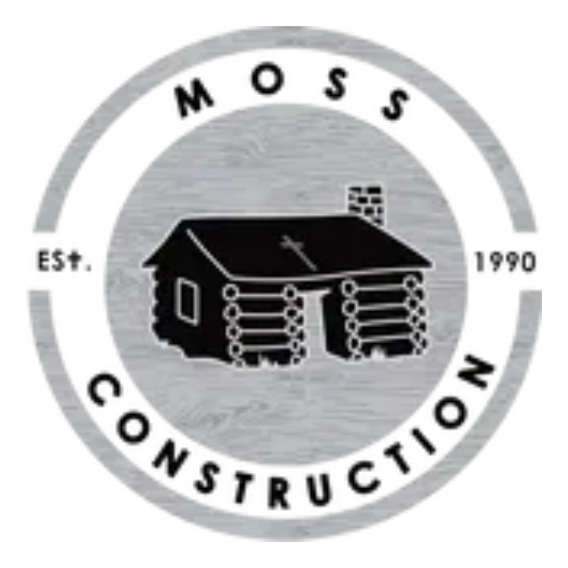Circular logo for Moss Construction, featuring a log cabin icon over a wood-grain background, established in 1990.