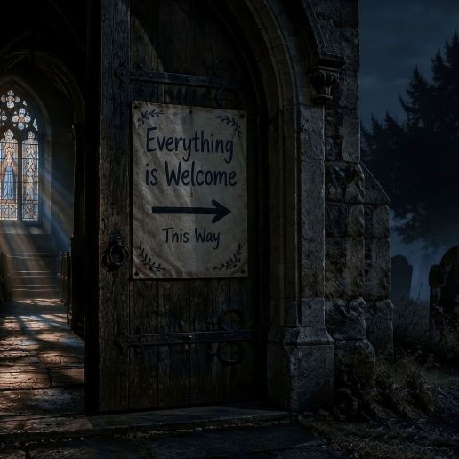 Night view of an old church doorway with a sign reading “Everything is Welcome” and misty graveyard.