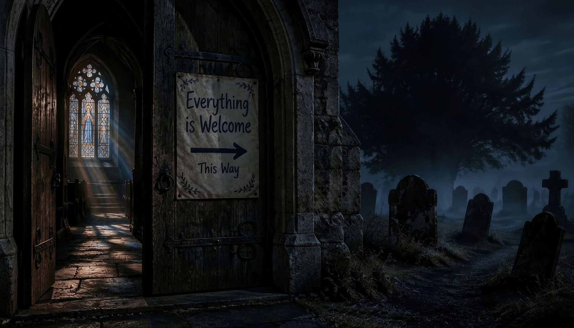 Nighttime view of an old church doorway with a sign reading “Everything is Welcome” and misty graveyard beyond.