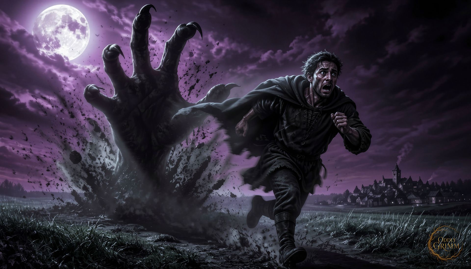 Medieval villager running across a moonlit field as a giant shadowy hand bursts from the ground behind him.