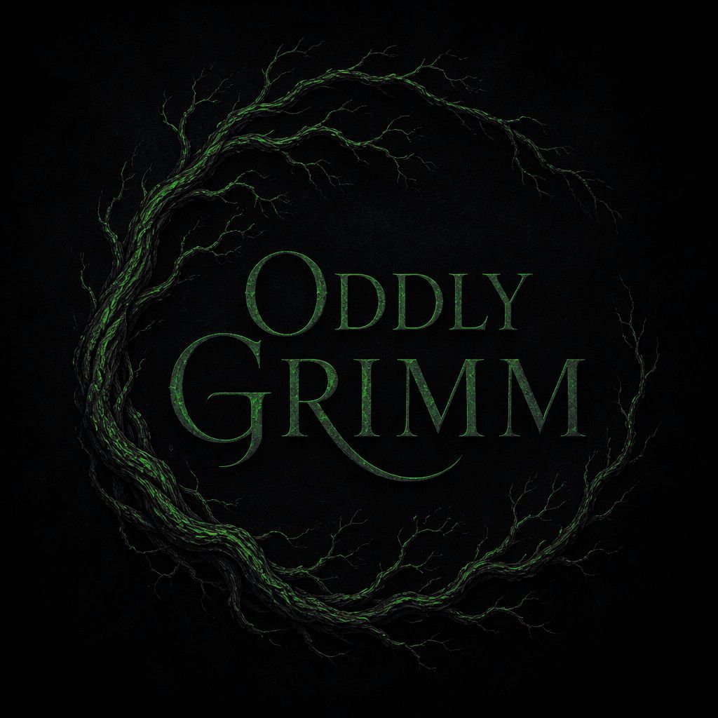 Oddly Grimm logo featuring stylised twisted branch forming a circular motif with the title in serif lettering.