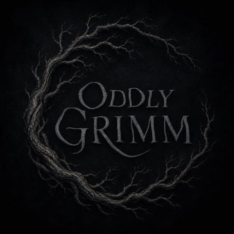 Oddly Grimm logo featuring stylised twisted branch forming a circular motif with the title in serif lettering.