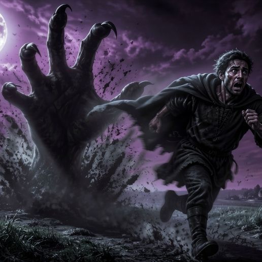 Medieval villager runs across a moonlit field as a giant shadowy hand bursts from the ground behind.