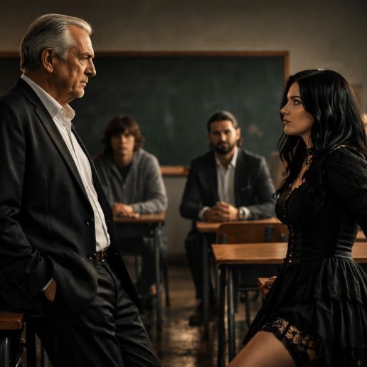 Goth woman and older man face off in a tense classroom scene from Oddly Grimm’s School for Shadows.