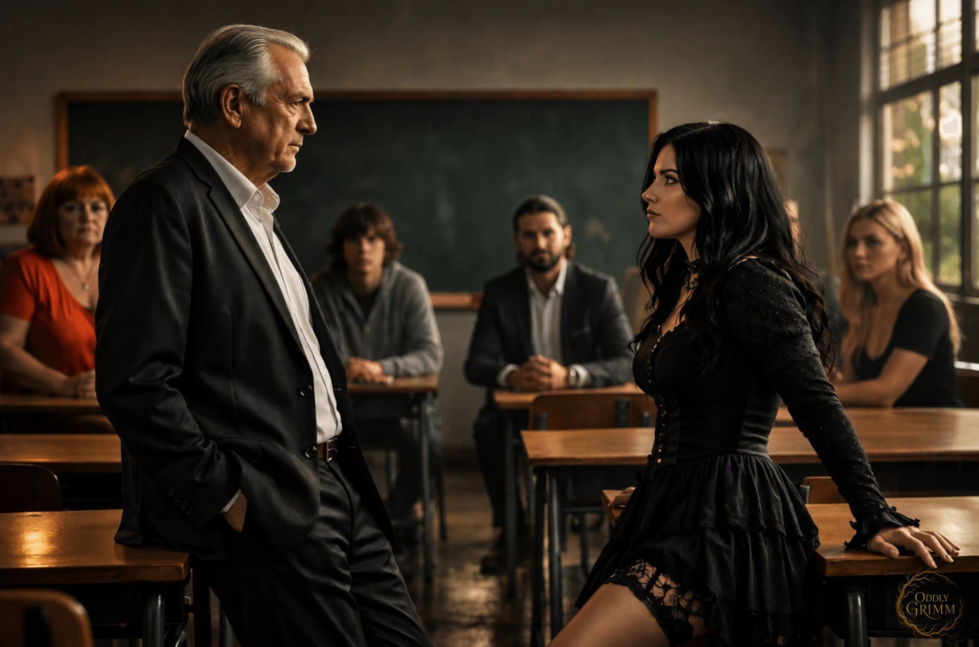 A dimly lit classroom where a young gothic woman and an older man face each other in a tense moment, with four seated adults watching from their desks; a scene from the upcoming Oddly Grimm series School for Shadows.