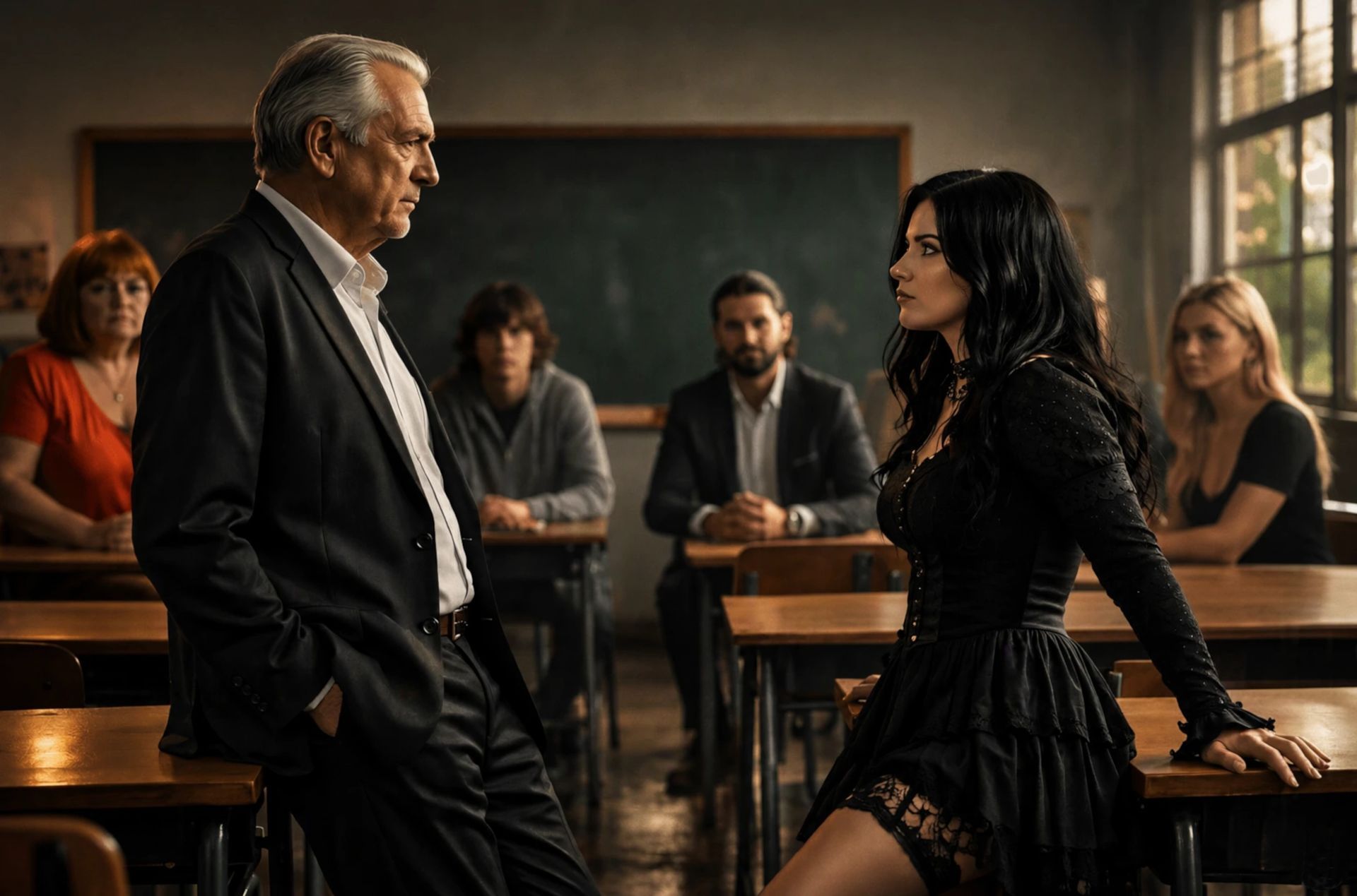 A dimly lit classroom where a young gothic woman and an older man face each other in a tense moment, with four seated adults watching from their desks; a scene from the upcoming Oddly Grimm series School for Shadows.
