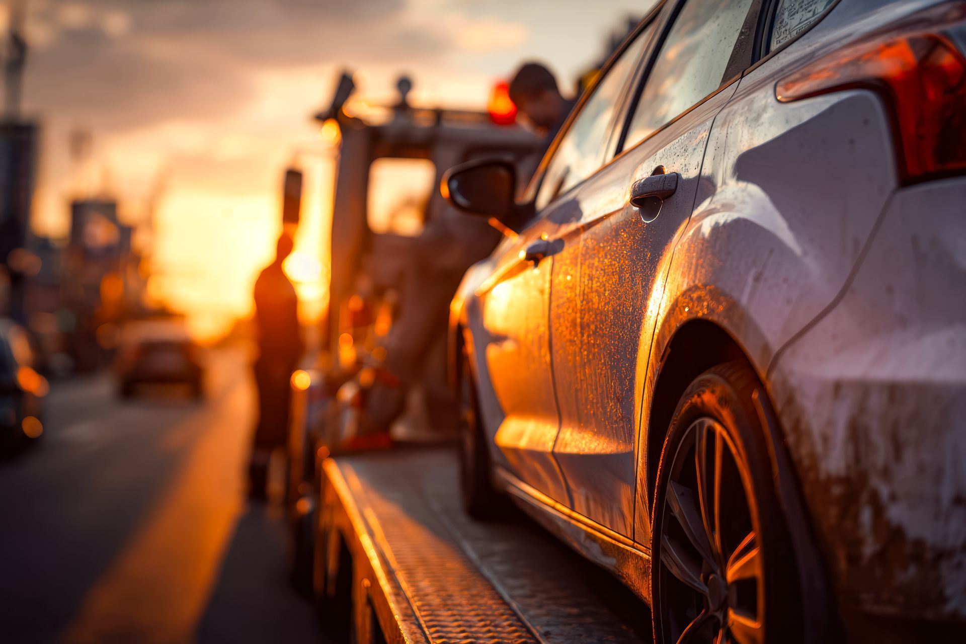 A white car being towed by a tow truck at sunset. A white car being towed by a tow truck at sunset.