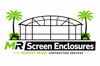 Logo for MarketReady MR Screen Enclosures and Repairs featuring a black and red house icon over company text.