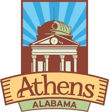Athens, Alabama logo with a domed courthouse and sunburst background