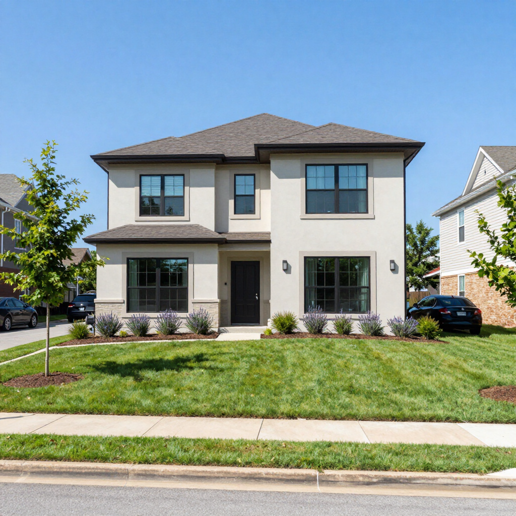 Two-story modern house with a manicured lawn and driveway under a clear blue sky