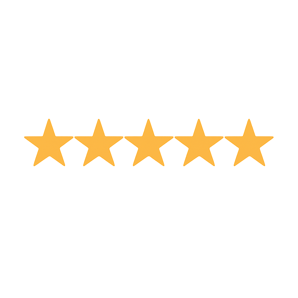 Five gold stars in a row, representing a five-star rating.