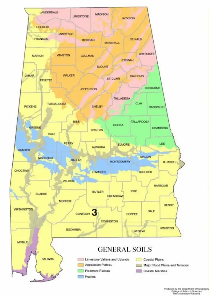Map of Alabama showing regions of general soil types color-coded by geography, including plains, valleys, and plateaus.
