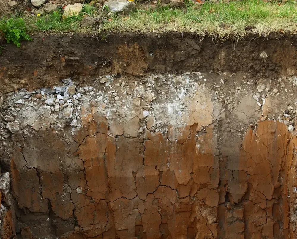 A cross-section of soil showing a top layer of grass, a band of light gravel, and dense, cracked brown clay beneath.