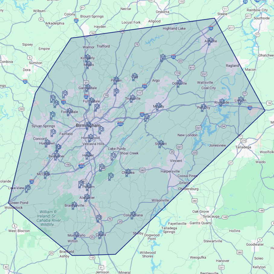 A map showing a light blue polygon covering a metropolitan area, with roads and landmarks visible underneath.