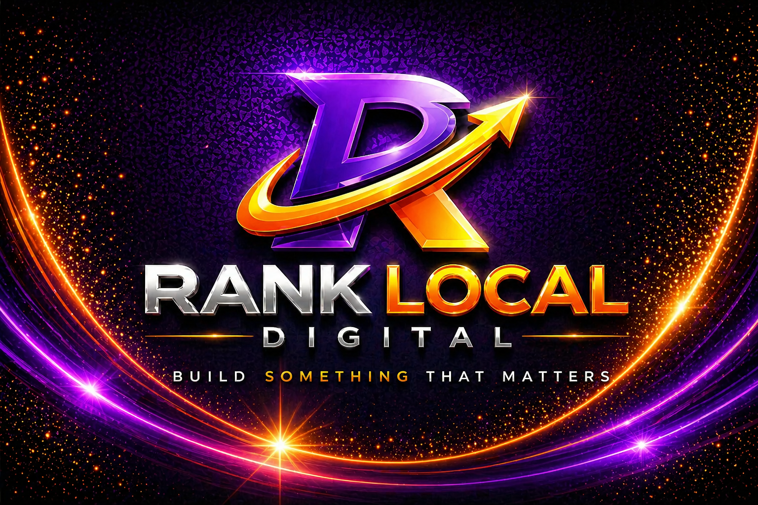 Stop Second Guessing Yourself! Purple and gold RANK DIGITAL logo on a black background with glowing orange arcs and sparks