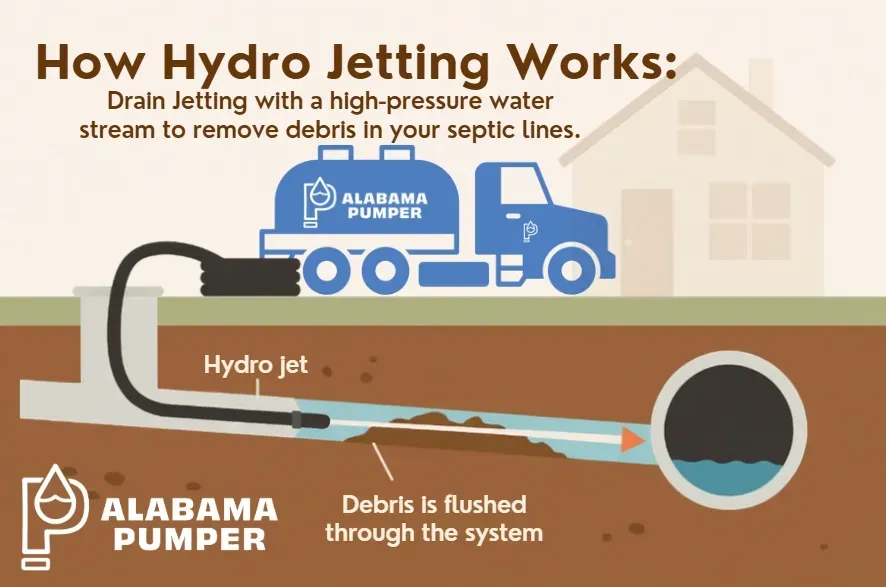 Hydro jet truck clears debris from a sewer pipe, with labels explaining high-pressure water flow.