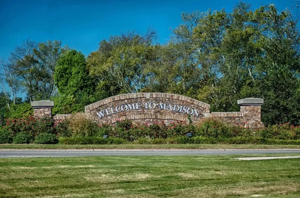 A stone sign reading