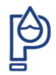 A dark blue logo featuring a stylized letter