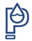 A blue logo consisting of a stylized letter 