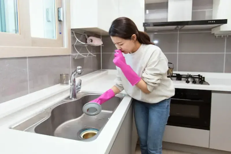 A person wearing pink rubber gloves cleaning a kitchen sink, holding a sink strainer over the drain.