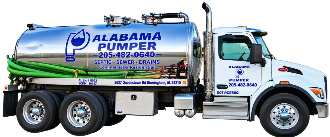 White Alabama Pumper vacuum truck with blue logo, side view on a plain background.