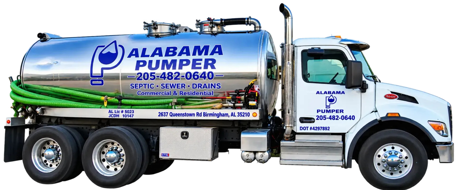 White Alabama Pumper vacuum truck with blue logo, side view on a plain background.