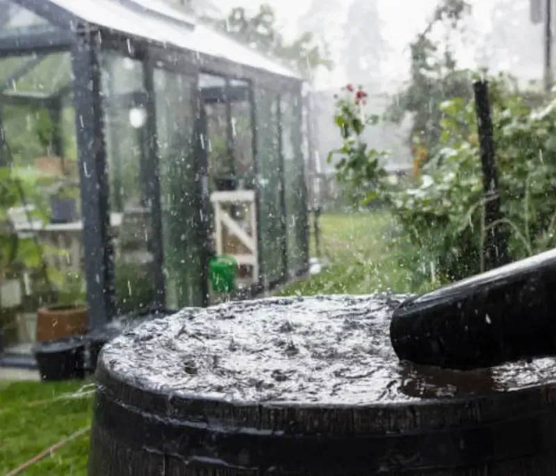 Rain falls into a dark, wooden barrel in a backyard, with a glass greenhouse visible in the background.
